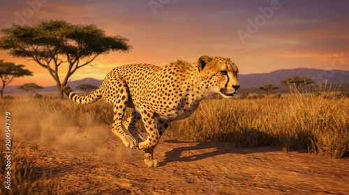 Cheetah running in the savanna at sunset