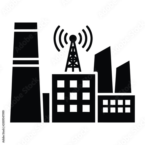 Fotografie Cityscape with buildings and cell tower emitting signal waves icon icon