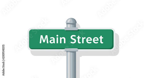 Green main street sign with white text on a pole representing community direction and urban navigation concepts