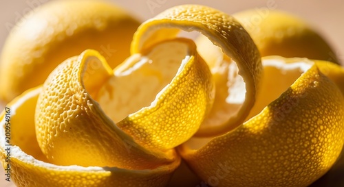 Fresh lemon peels and lemons closeup.