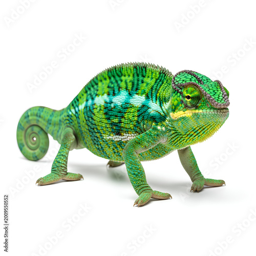Vibrant green chameleon perched showcasing intricate patterns and textures.
