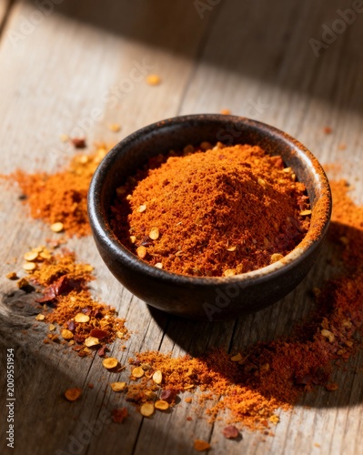 Close-up of Cajun seasoning in a bowl with scattered spices on a wooden table, cinematic lighting