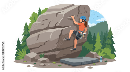 Climber Scaling Cliff Face With Harness And Helmet.