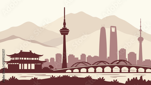 Seoul City Skyline Vector Art | Lotte World Tower & Han River Silhouette