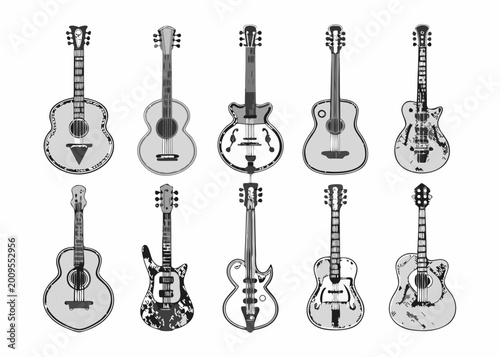 Slika na platnu nine guitars in a row monochrome sketch style on white background