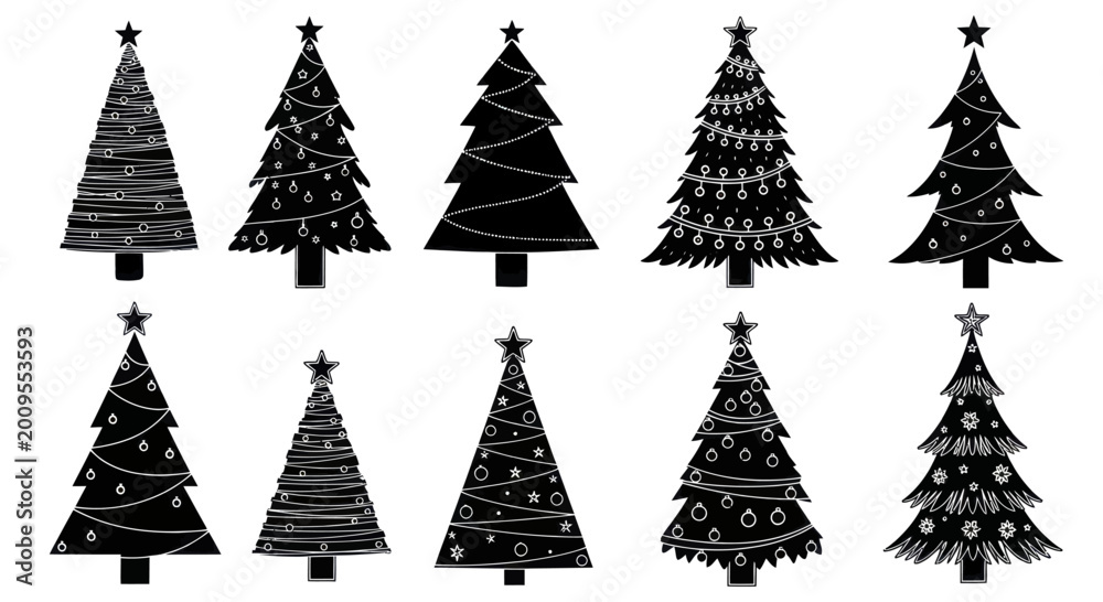 Obraz premium Collection of festive decorated Christmas trees in silhouette.
