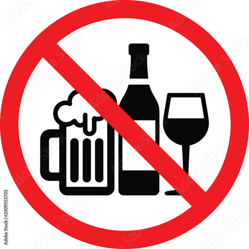 No alcohol sign with beer bottle, wine bottle and glass
