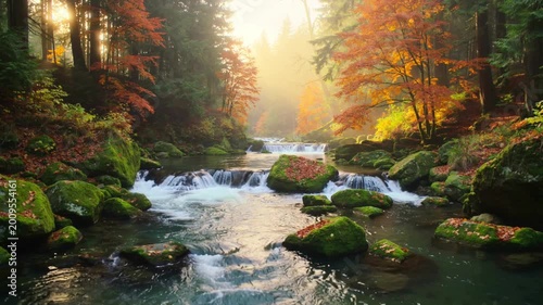 Peaceful  autumn nature with clear river stream, maple trees and orange leaves foliage on the ground under golden morning light