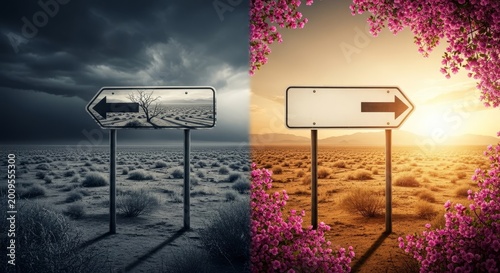 Dual desert signposts showcasing stark contrast between barrenness and blossoming life