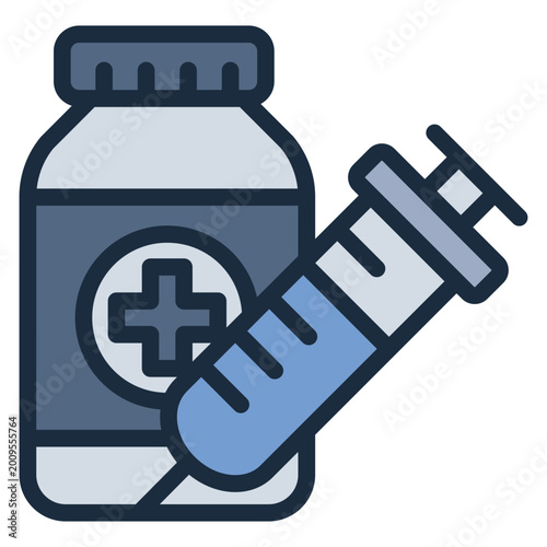 anesthetic drugs filled line icon. medicine bottle with syringe. drug preparation and administration. anesthesia and pharmacology