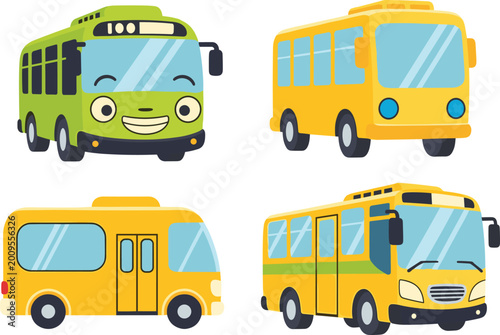 Cartoon Bus Set with Different Colors and Designs for Kids, Transportation, and Vehicle Education for Websites, Apps, and Digital Media