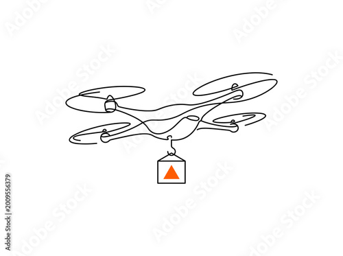 Continuous One Line Drawing of Professional Delivery Drone Carrying Package, Minimalist Vector Illustration of Autonomous Logistics and Air Transport