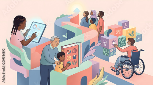 a group of people standing around a tablet
