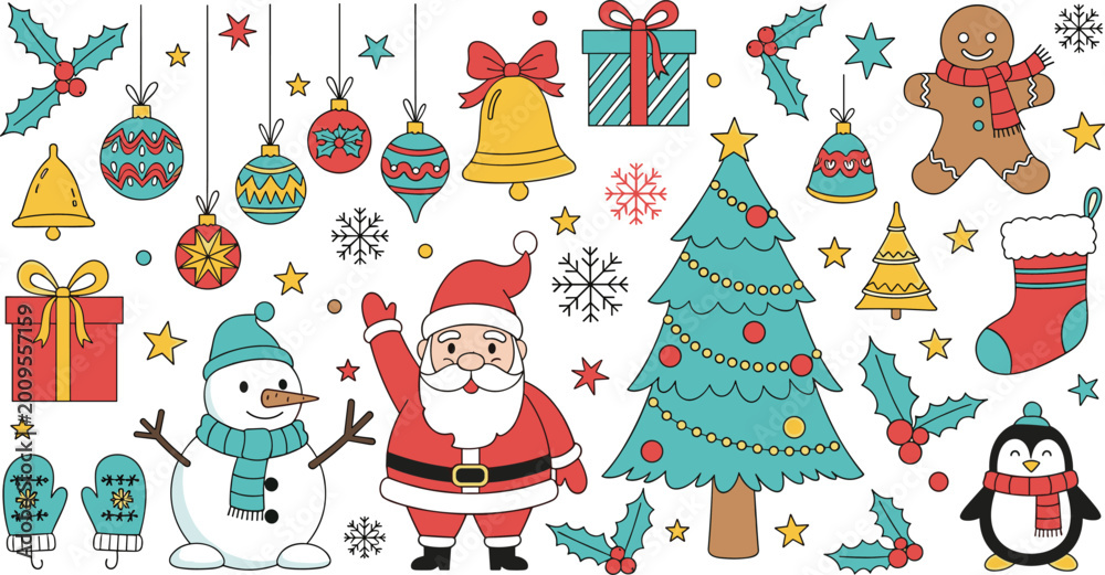 Fototapeta premium Christmas Illustration Set with Santa, Snowman, Gifts, Tree, and Holiday Decorations for Festive Designs, Greeting Cards, and Digital Media