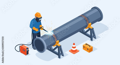 Welder working on large industrial pipe construction project.