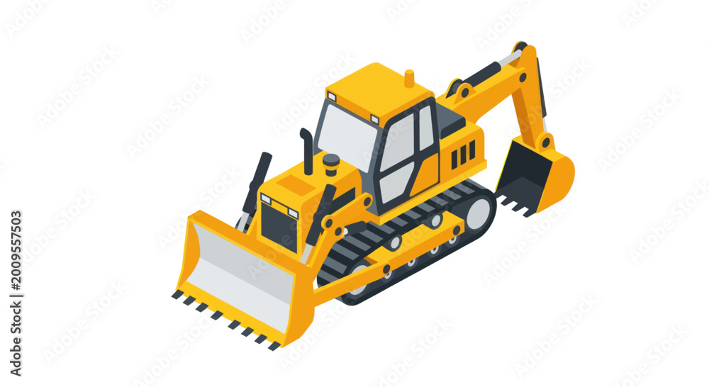 Obraz premium Yellow Excavator Bulldozer Construction Vehicle Isometric Illustration.