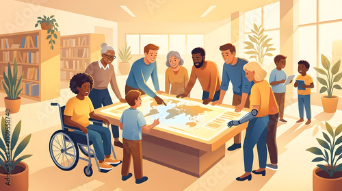 a group of people standing around a table