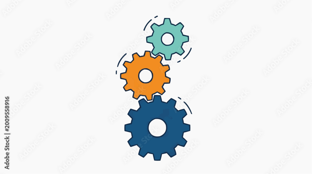 Fototapeta premium Three interlocking gears, rendered in bold colors, spin together seamlessly to represent a dynamic business process, technological innovation, and the power of teamwork.