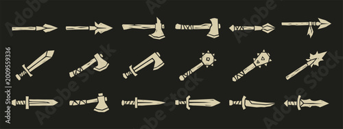 Set of ancient primitive weapon icons with swords axes maces and spears on dark background