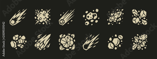 Vector meteor and asteroid icon set with falling comets and shattered space rock fragments