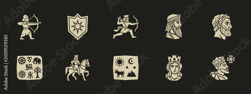 Fotografía Set of ancient historical icons featuring kings archers warriors and mythologica