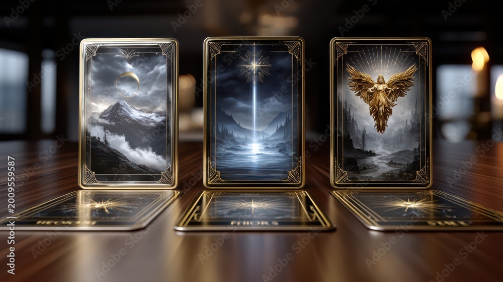 Fototapeta premium Three illuminated tarot cards with mystical, fantasy-themed artwork are displayed on a wooden table in a dimly lit room.