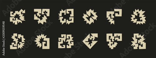 Quadro su tela Set of twelve abstract geometric tribal icons with jagged edges and maze pattern