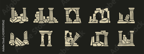 Konstfotografi Set of stylized ancient ruin icons featuring broken columns and arches on dark b