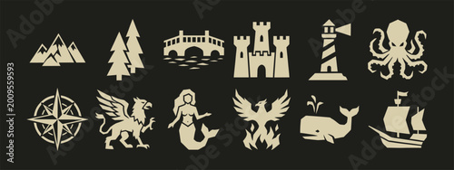 Obraz na plátně Fantasy adventure map icons set with mythical creatures castle and nautical symb