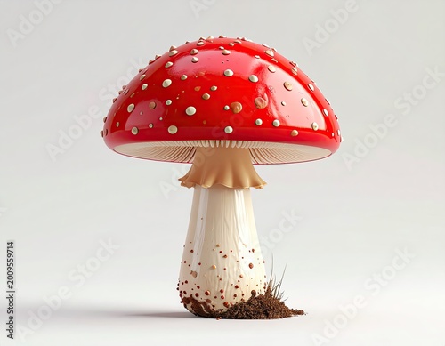 Bright red capped mushroom with white spots and creamy stem against white