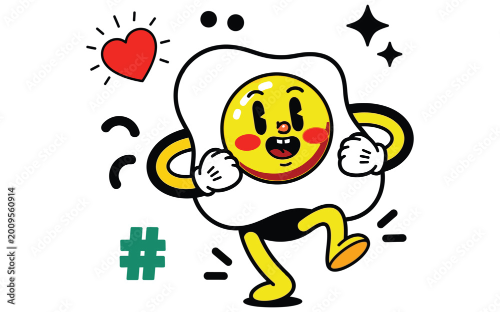 Fototapeta premium Funny dancing egg character with blush and heart symbols, cartoon vector illustration