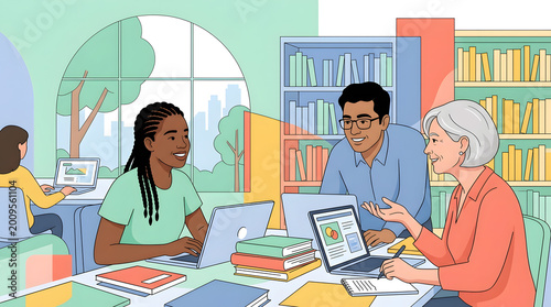 a group of people working on laptops in a library