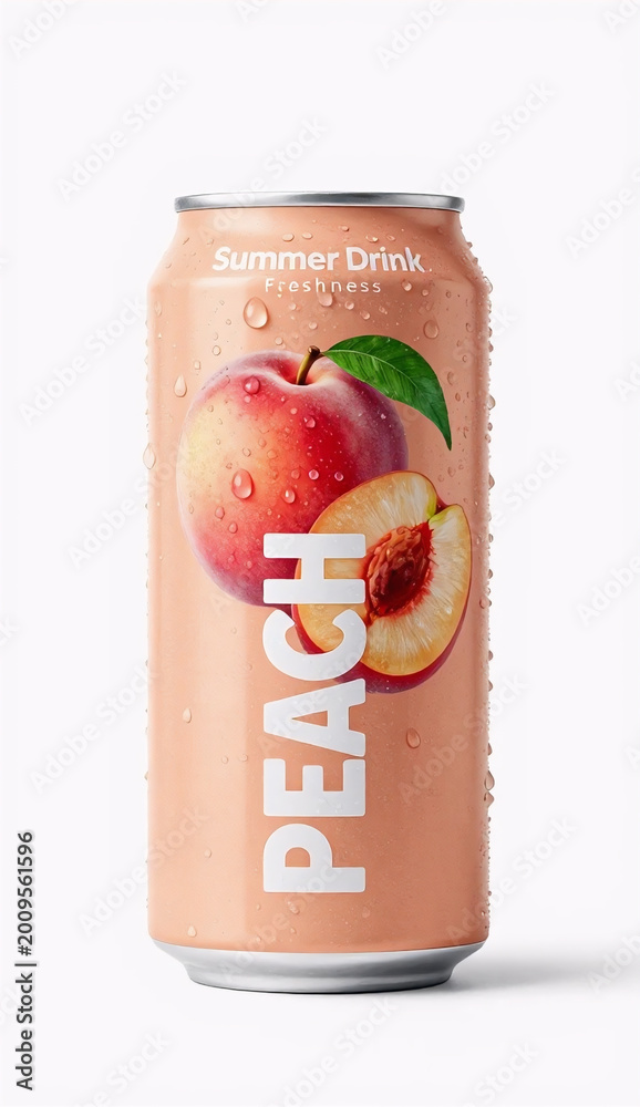 Obraz premium Fresh peach juice soda can mockup on white background