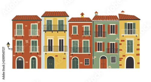 Colorful European City Houses Row Vector Illustration.