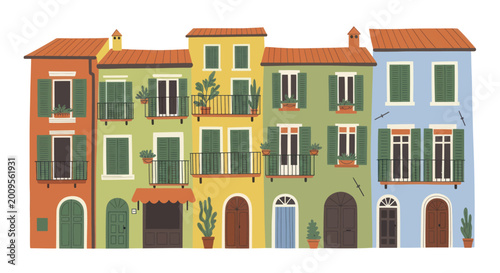 Colorful European Townhouses with Shutters and Balconies.