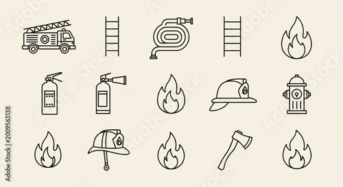 Fotografija Firefighter equipment and symbols illustration set.