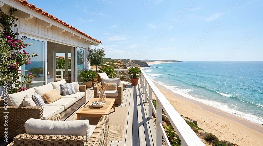 Fototapeta premium Beautiful oceanfront villa with a spacious patio and comfortable seating offering stunning sea views and a relaxing coastal atmosphere