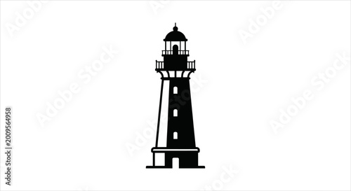 Fotografie Lighthouse silhouette on white background, a beacon of light guiding ships at se