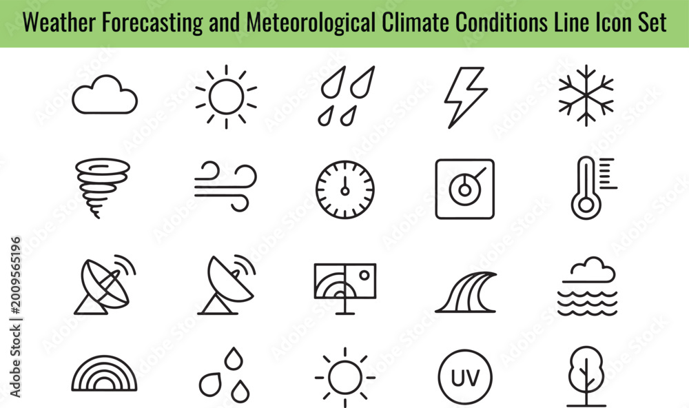 Fototapeta premium Weather forecasting and meteorological climate conditions line icon set