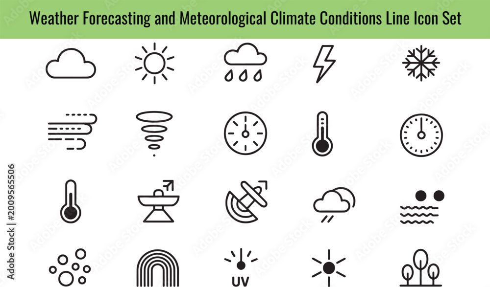 Fototapeta premium Weather forecasting and meteorological climate conditions line icon set