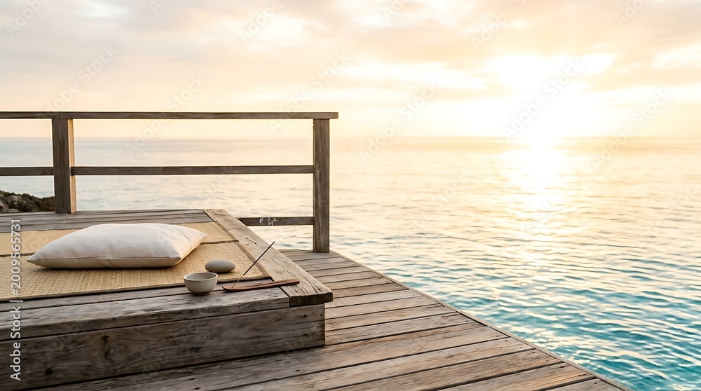 Obraz premium Serene ocean view meditation deck at sunrise with calming waves and golden sunlight creating a peaceful atmosphere for mindfulness and relaxation
