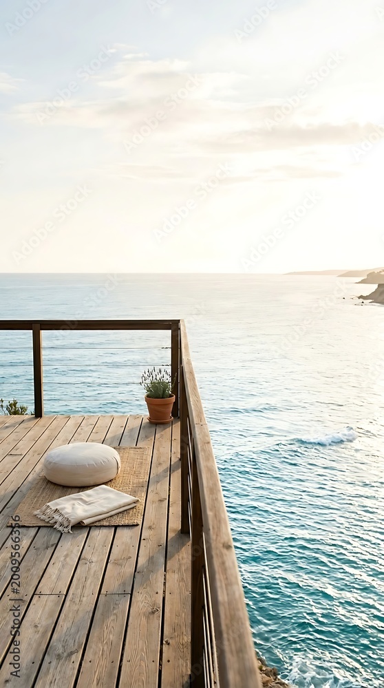 Obraz premium Serene wooden deck overlooking the ocean at sunrise, a peaceful spot for meditation and relaxation with soft cushions and a potted plant.
