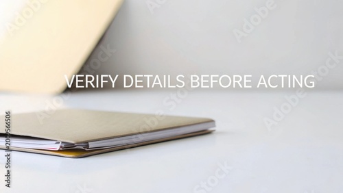 Closed tan folder with text overlay 'VERIFY DETAILS BEFORE A' on a clean, minimalist background, suggesting organization and meticulousness