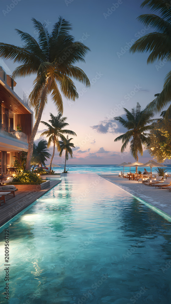 Fototapeta premium A luxury tropical resort features a turquoise swimming pool surrounded by lush palm trees under a clear summer sky for a relaxing island vacation