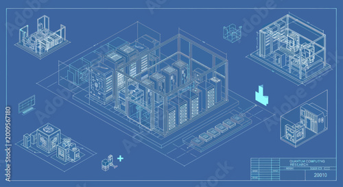 Foto Blueprint of industrial complex with detailed isometric views.
