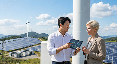 Diverse engineers discussing data on a tablet at a renewable energy wind and solar farm
