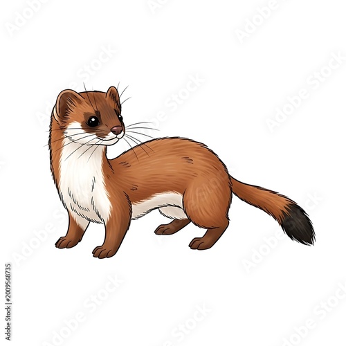 Stylized cartoon weasel illustration with brown fur and white belly on a plain background