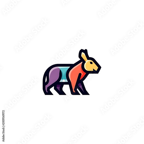 Stylized colorful tapir walking with a minimalist geometric design on a white background