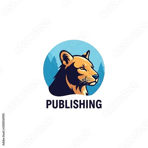 Stylized cougar or lioness head logo design with forest background and publishing text