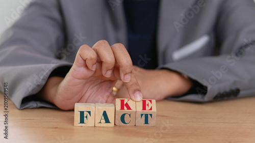Slika na platnu Hand flipping wooden blocks from fact to fake text